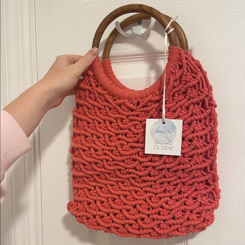 Sigrid Olsen summer clutch macramé bag in coral